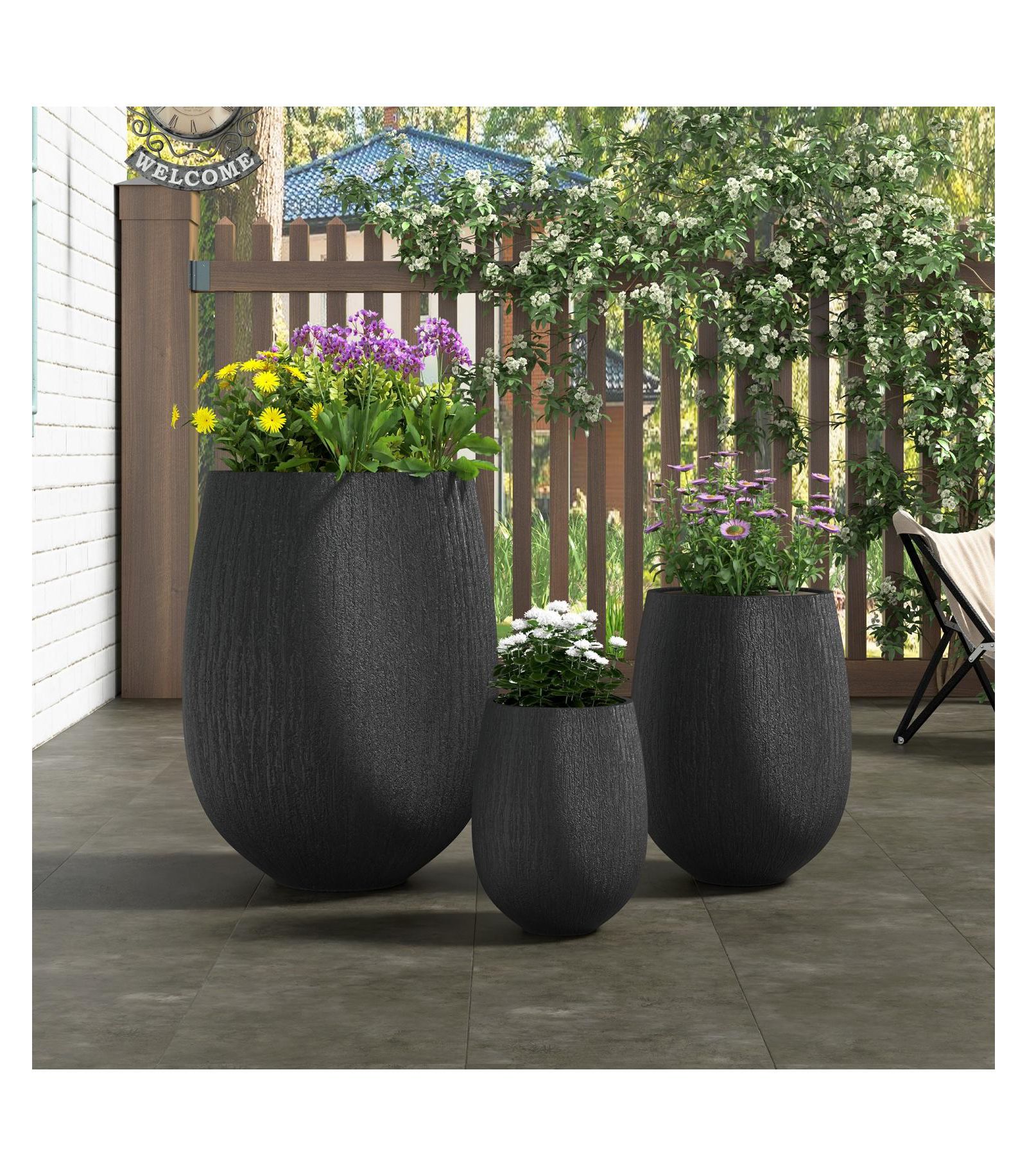 Asagikoiai Egg-Shaped MGO Outdoor Planter Set of 3, Stone-Look Design
