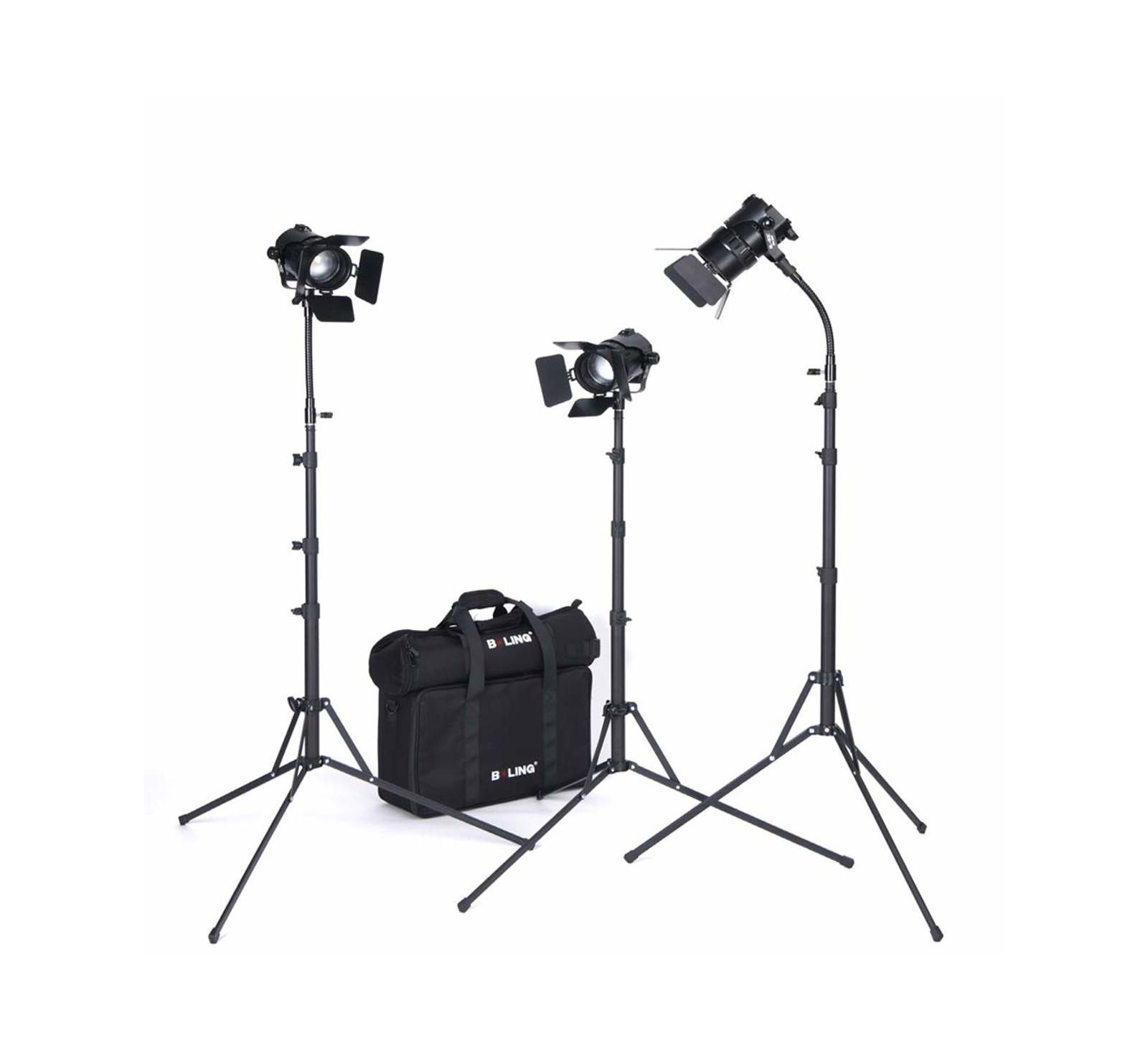 Комплект освещения Boling BL-50C 50W Fresnel LED со стойкой, профессиональный комплект LED освещения для видео и кино (2x Zoom Light и 1x Fixed Light)
