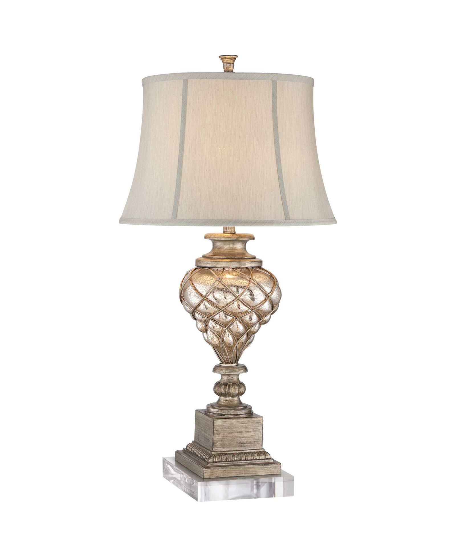 Barnes and Ivy Luke Traditional Table Lamp with Square Riser 35 1/4" Tall Mercury Glass Silver LED Nightlight Off White Shade for Bedroom Living Room
