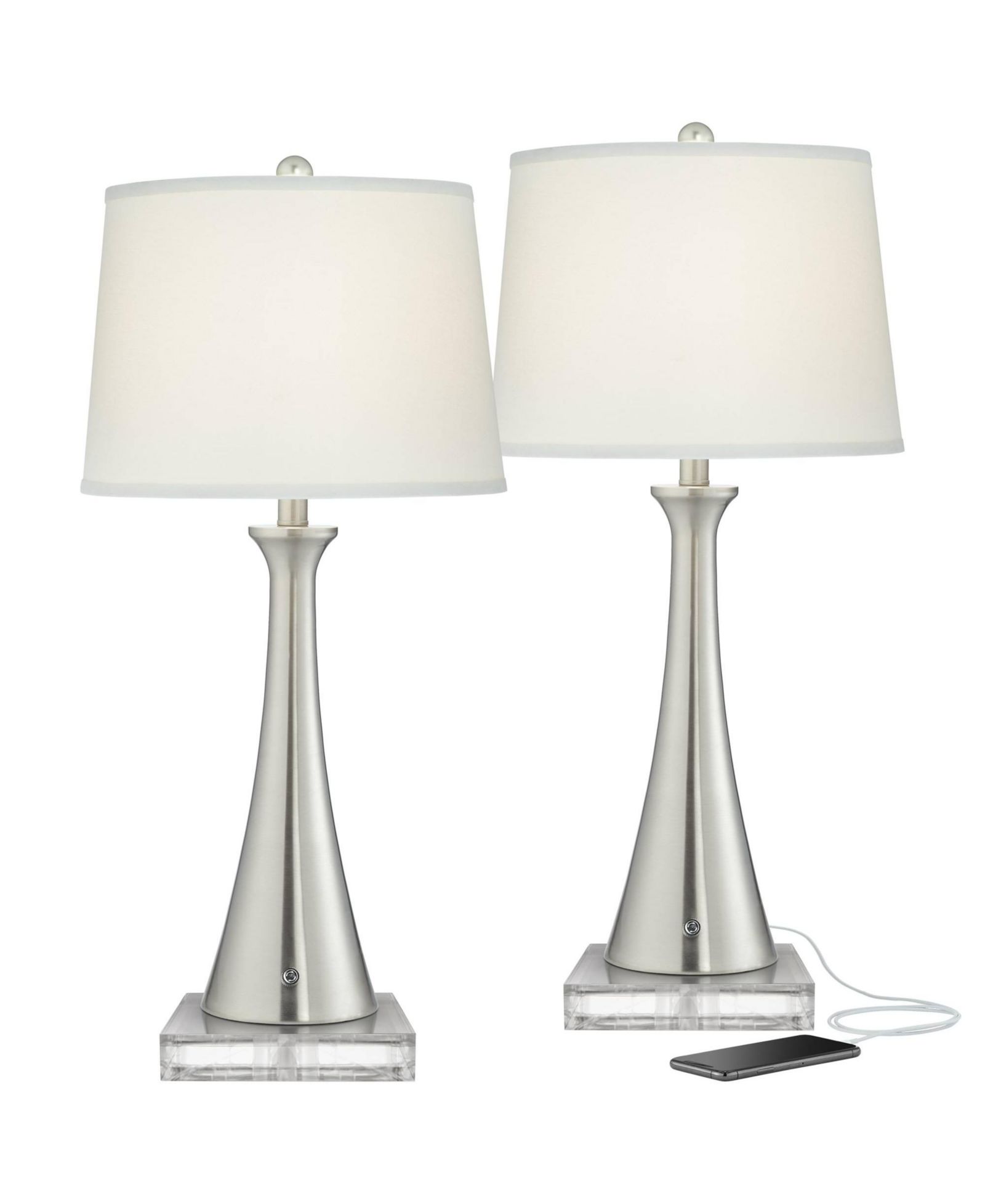 360 Lighting Karl Modern Table Lamps Set of 2 with Square Risers Brushed Nickel USB and AC Power Outlet in Base Shade for Bedroom House