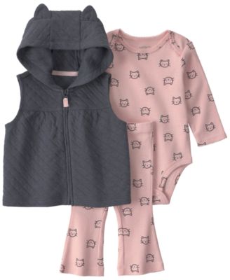 Carter's Baby Girls' Sleeveless Cat  Hooded Vest, Bodysuit and Pants, 3-Piece Set
