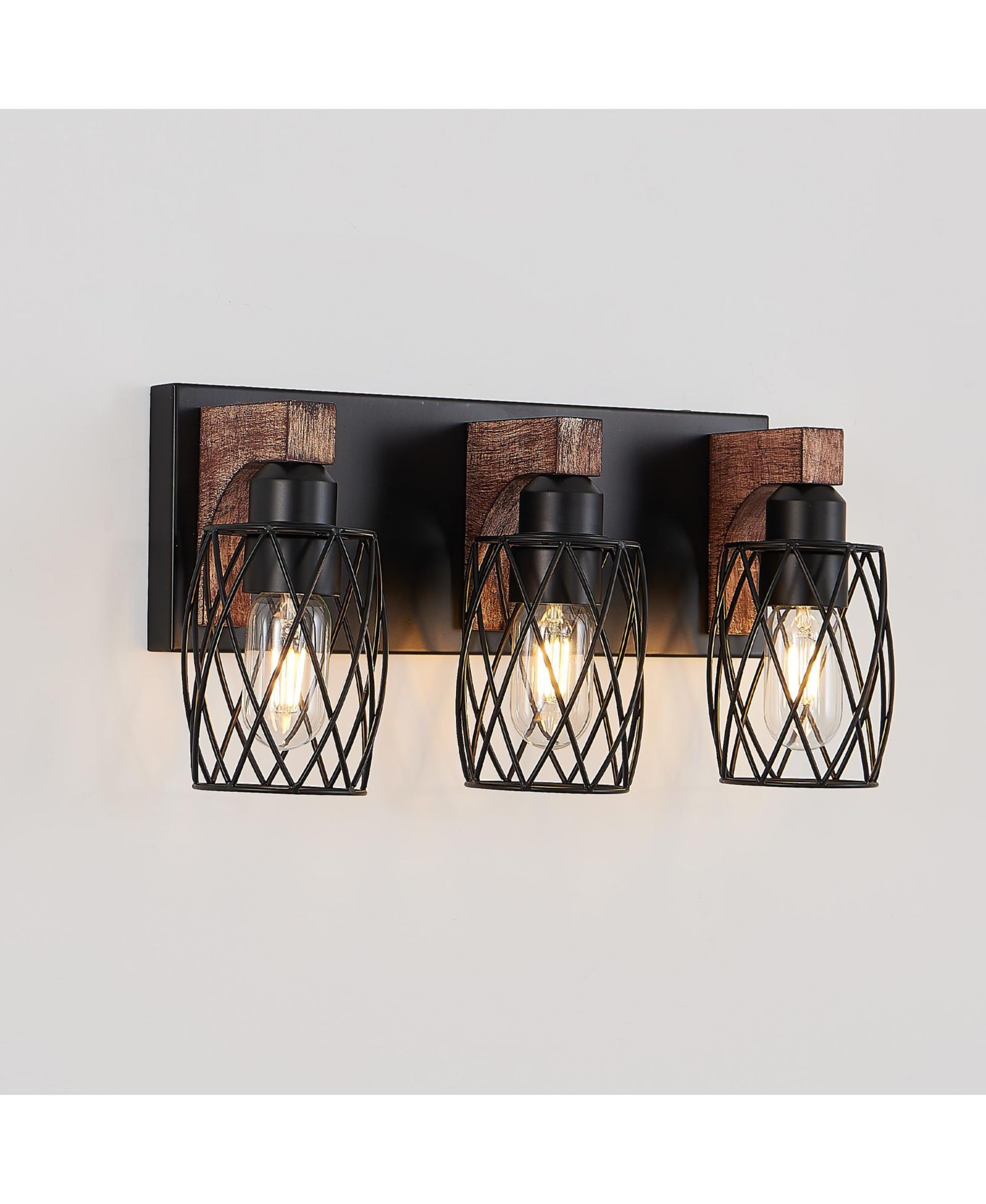 BUSDAYS  Industrial Vintage 3 Light Wall Sconce Black Cage Wall Lighting Fixture with Wooden Accents for Bathroom Hallway Living Room No Bulbs