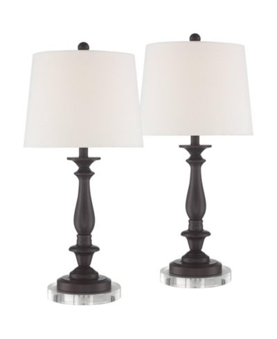Regency Hill Rustic Farmhouse Table Lamps Set of 2 with Round Riser Bronze White Fabric Drum Shade for Living Room Bedroom House