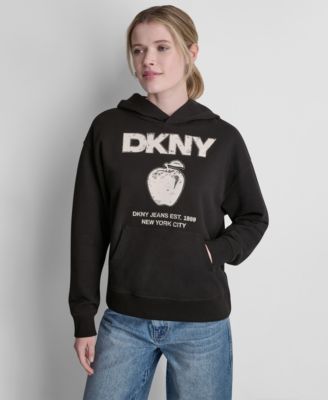 DKNY Jeans Women's Long-Sleeve DKNY Big Apple Rhinestone Flocking Logo Hooded Sweatshirt