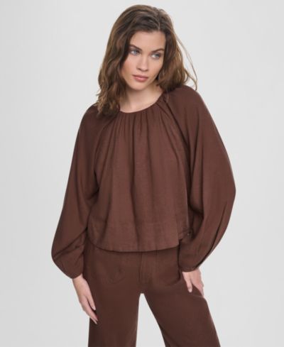 DKNY Jeans Women's Raglan Long-Sleeve Shirred Neckline Top