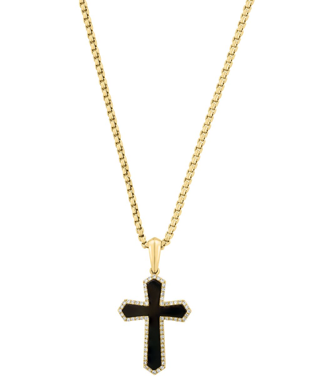 Мужское колье EFFY Collection Diamond & Onyx Pendant Necklace в 14k Yellow Gold-Plated Sterling Silver