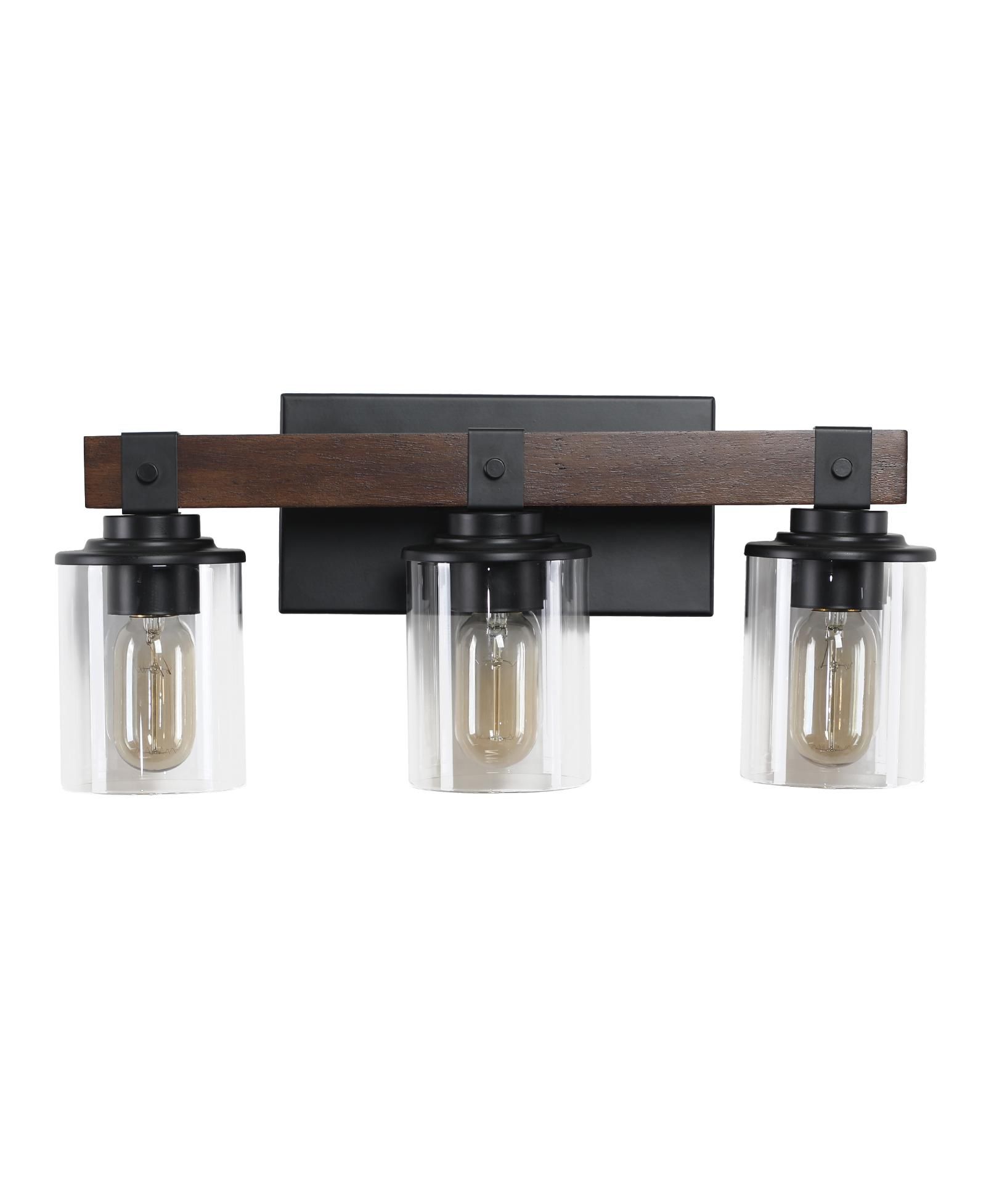 BUSDAYS 19 Inch 3 Light Vanity Light Industrial Bathroom Wall Sconce with Glass Shades Wood Accent Modern Farmhouse Lighting Fixture No Bulbs