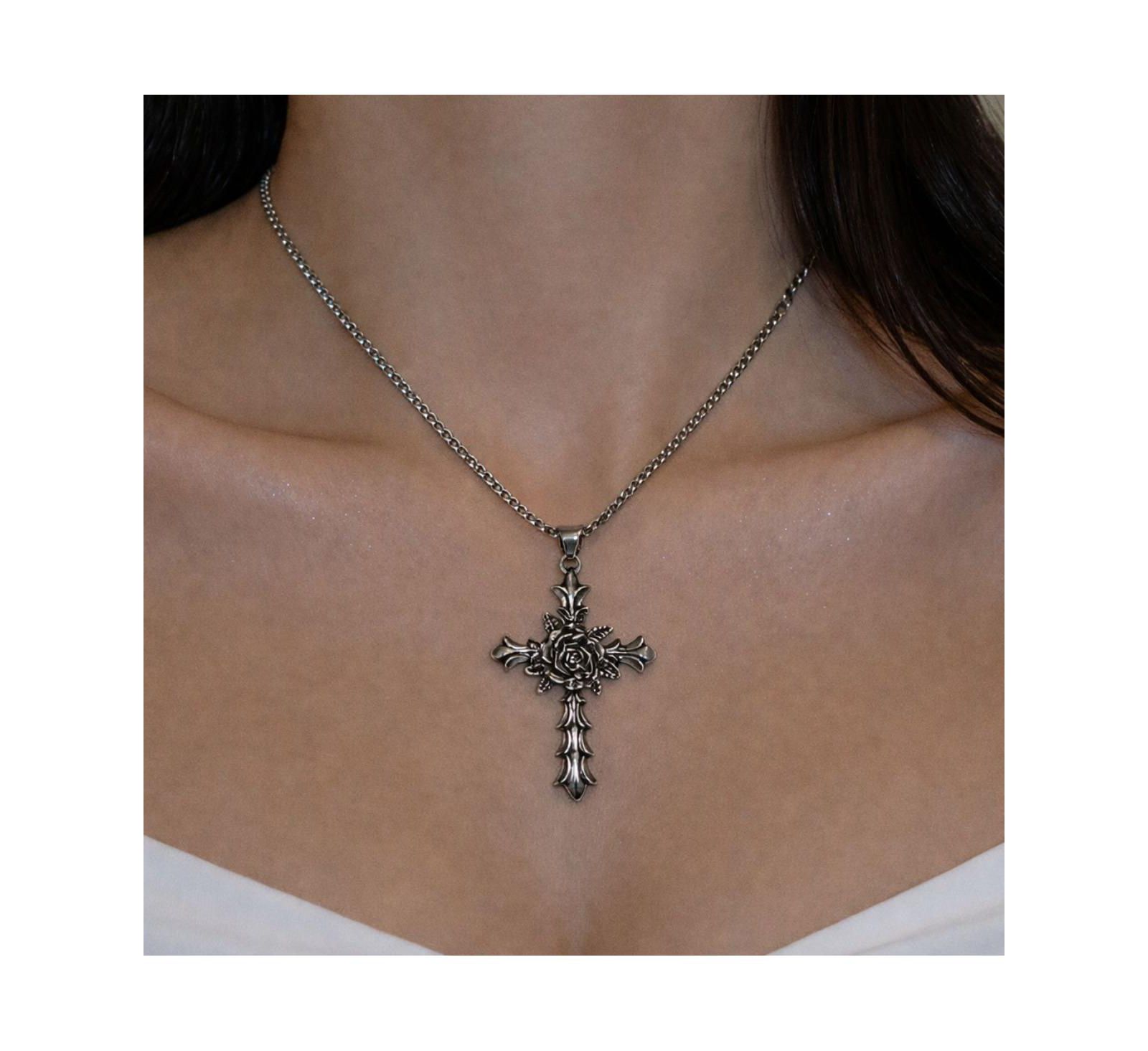 Rebl Jewelry Silver Rose Cross Chain
