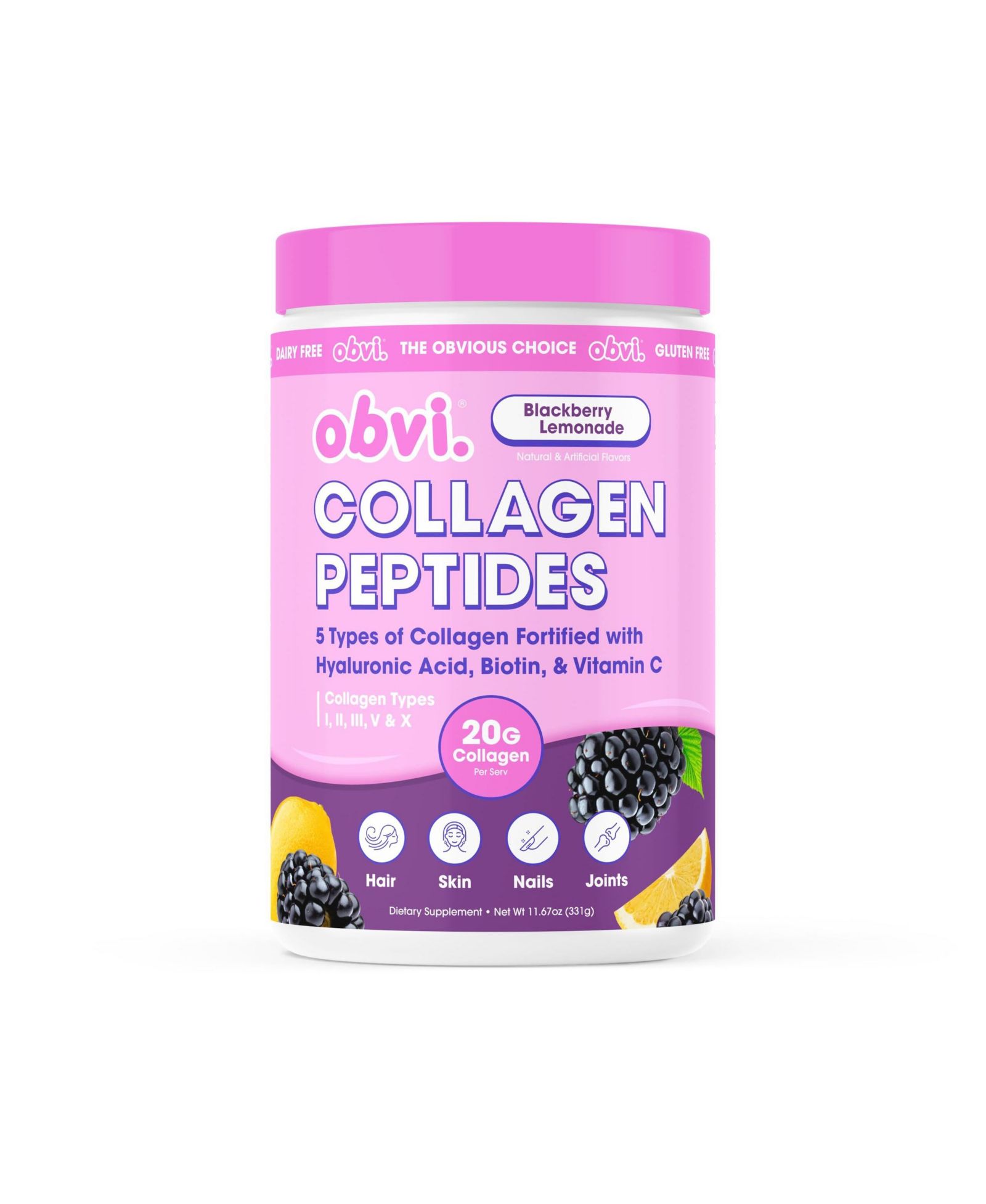 Obvi Multi-Collagen Peptides - поддержка ногтей, кожи и волос - Hyaluronic Acid, Biotin и Vitamin C - без сахара - Blackberry Lemonade - 14 порций