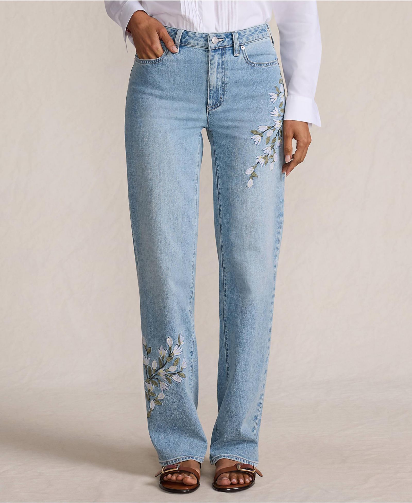 Lands' End Women's Tall Soft Denim Mid Rise Relaxed Straight Leg Embroidered Jeans