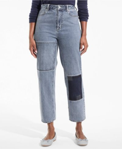 Lands' End Petite Soft Denim Mid Rise Relaxed Straight Crop Patchwork Jeans
