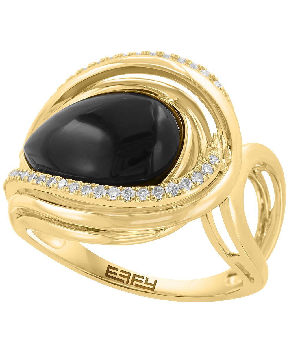 Кольцо EFFY Collection Onyx (14x10mm) & Diamond (1/6 ct. t.w.) в 14k Gold over Silver