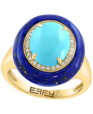 EFFY Collection Turquoise (11x9mm), Lapis (18x16.5mm) & Diamond (1/8 ct. t.w.) Ring in Gold over Silver