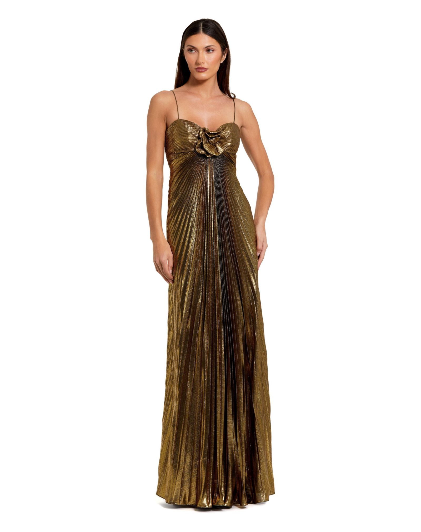 Mac Duggal Petite Pleated Metallic Gown with Thin Straps and 3D Floral Detail