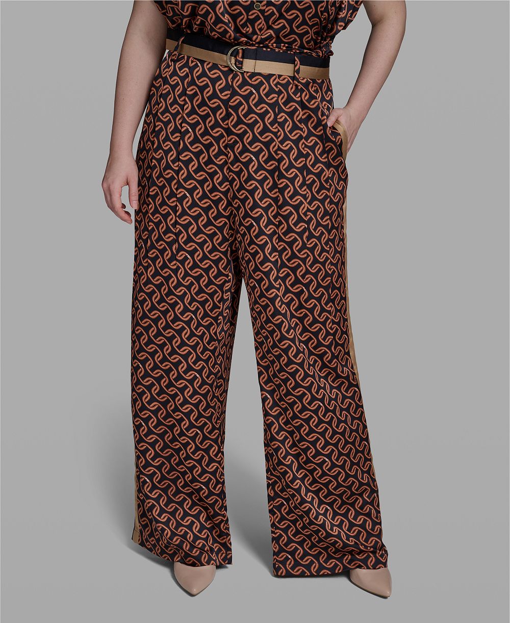 KARL LAGERFELD PARIS Plus Size Mid-Rise Printed D-Ring Belted Wide-Leg Pants