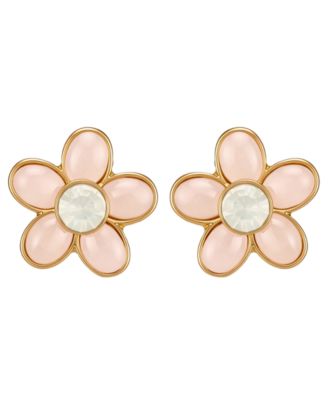 GUESS Gold-Tone Rose Quartz & White Opal Stone Floral Stud Earrings