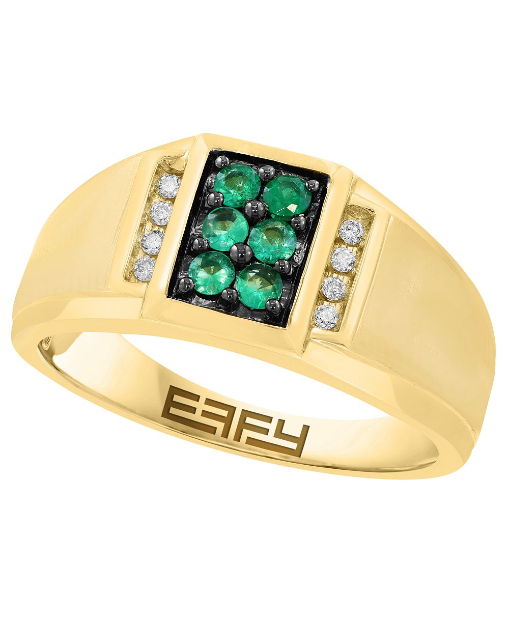 Кольцо EFFY Collection Men's Diamond (1/20 ct. t.w.) & Emerald (1/4 ct. t.w.) из желтого золота 14k