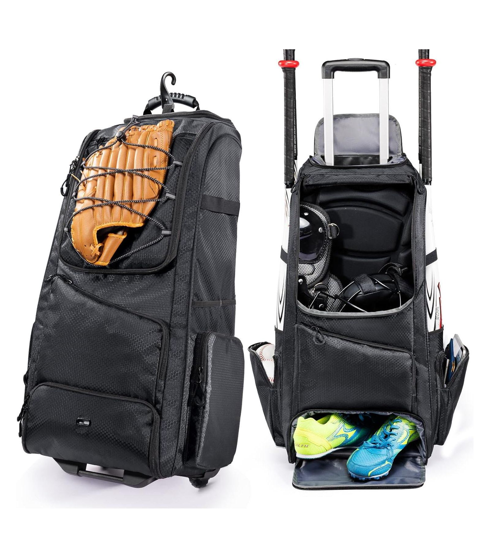 Furlihong 60L Rolling Baseball Bag - Youth Equipment Bag Holds 4 Bats, Shoe Compart and Fence Hook, for Boys and Girls 8+
