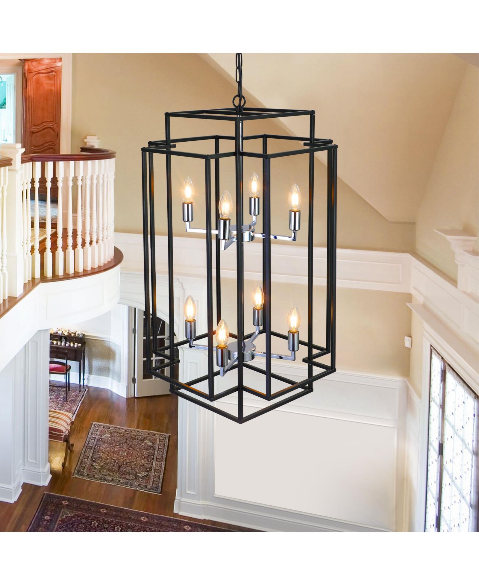 Clihome  Industrial Metal Frame 8-Light Geometric Pendant Chandelier, Adjustable Hanging Light
