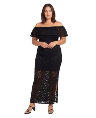 24seven Comfort Apparel Plus Size Elevate Curvy Lace Off-the-Shoulder Side Slit Bodycon Maxi Dress