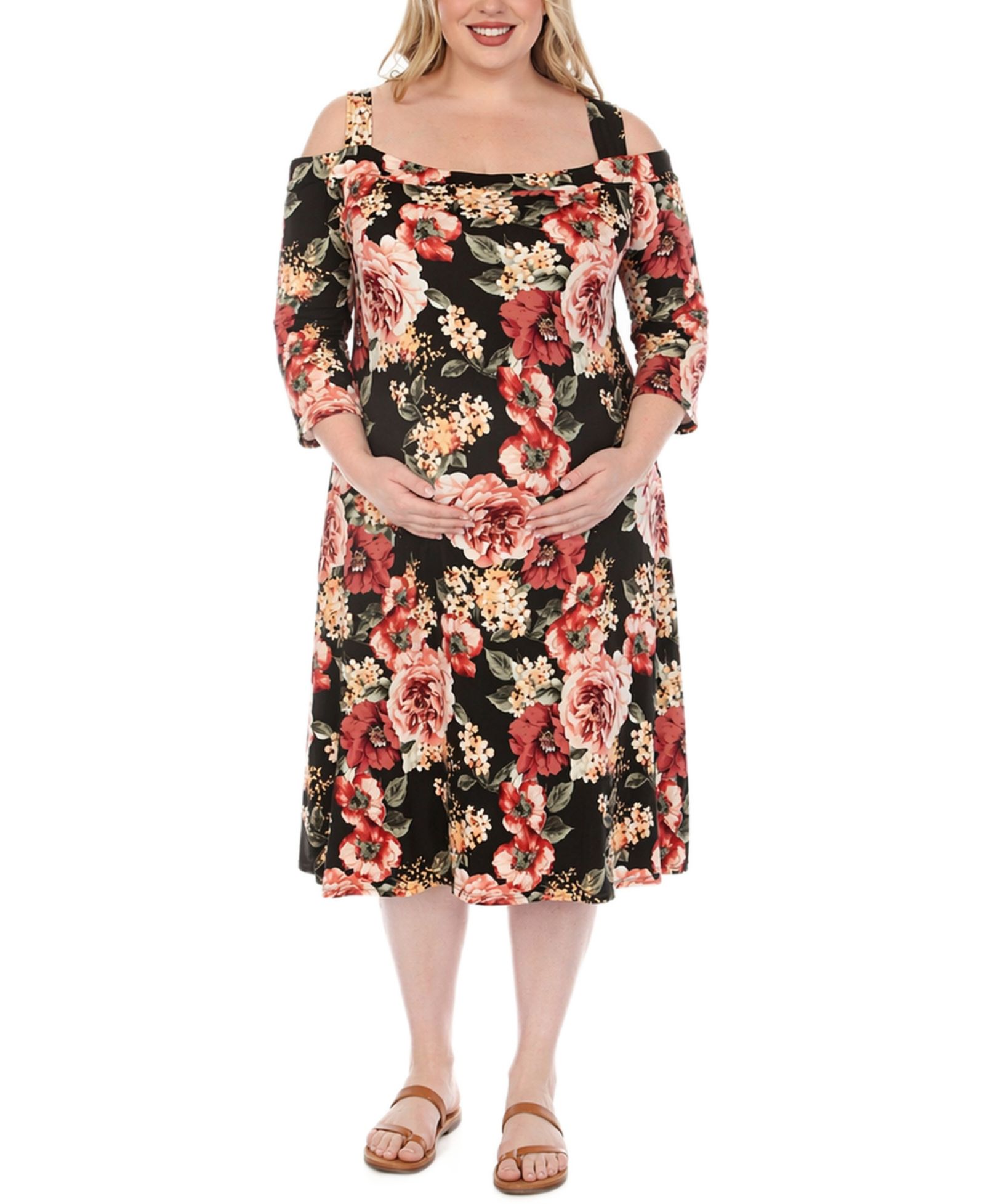 White Mark Plus Size Cold Shoulder Floral Print Maternity Dress