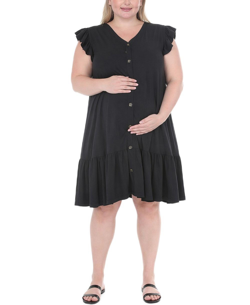 White Mark Plus Size Flutter-Sleeve Button-Front Tiered Maternity Dress