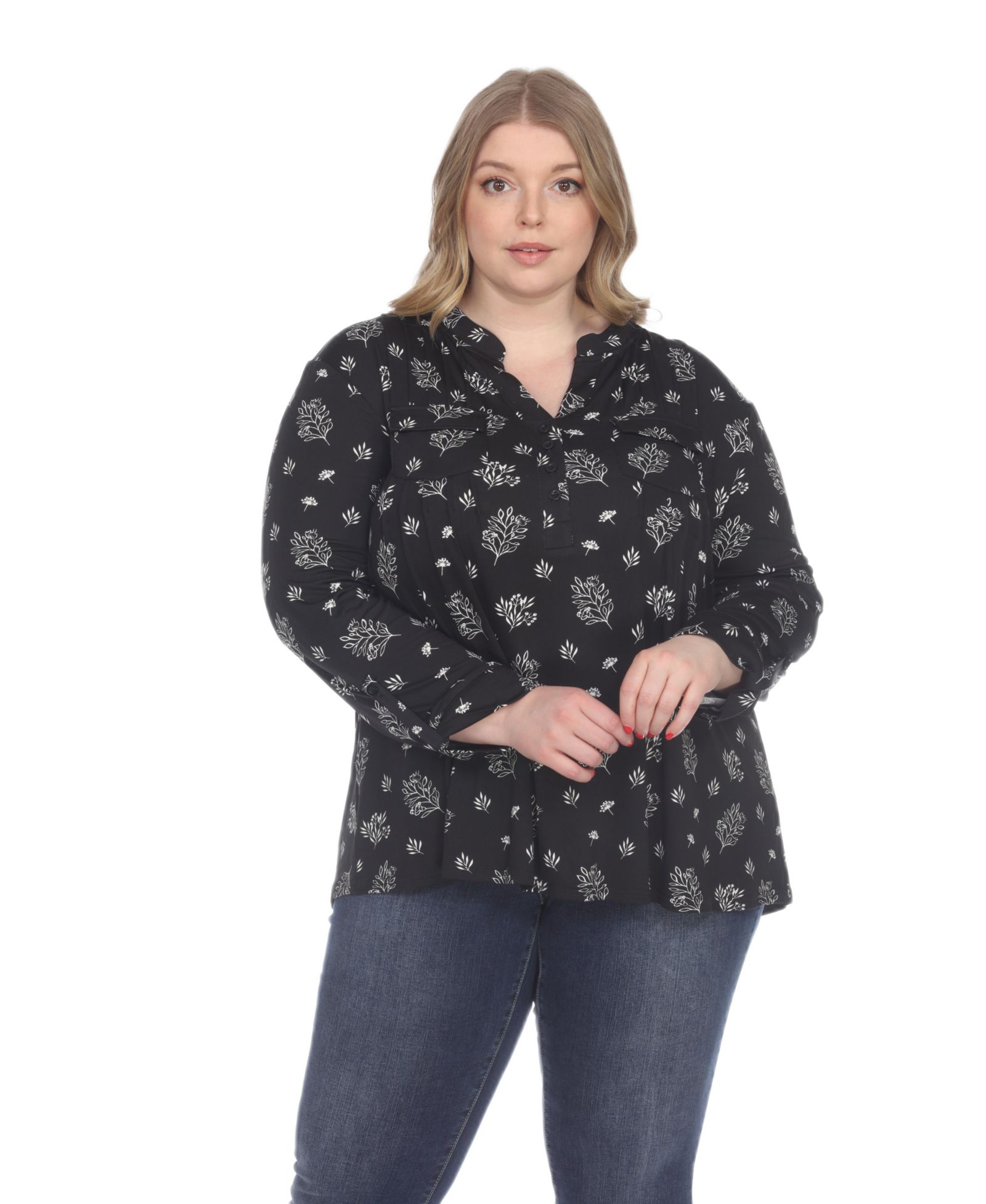 Женский топ White Mark Plus Size Printed Long-Sleeve Button-Front