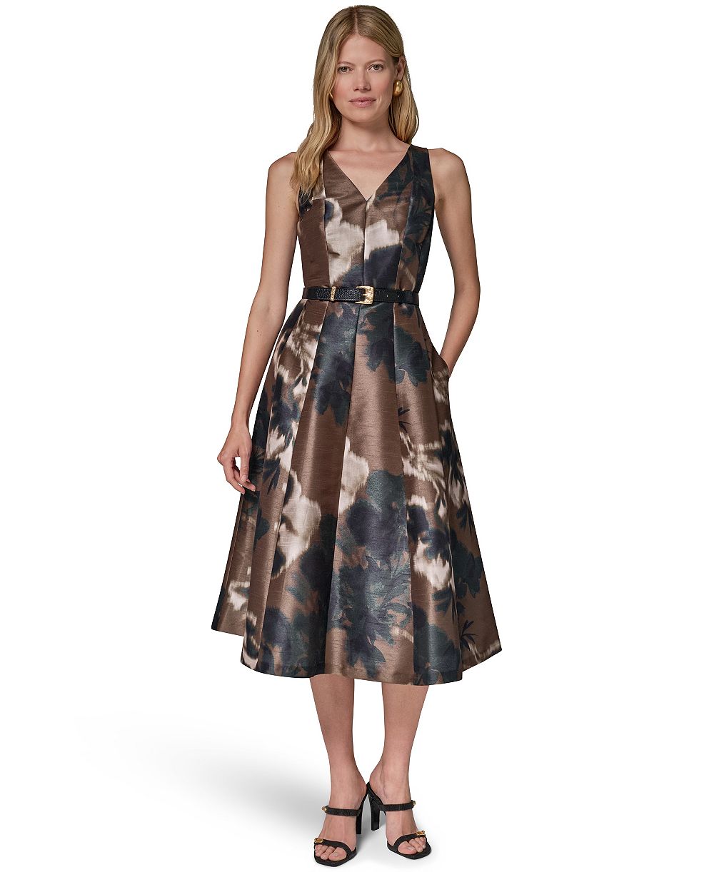 Donna Karan New York Женское миди-платье с принтом Dupion и поясом