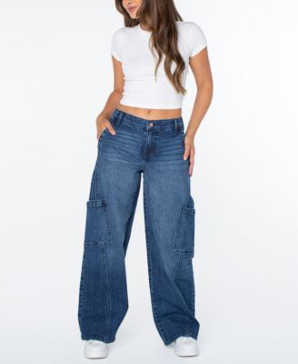 Celebrity Pink Juniors' Elastic-Back Mid-Rise Wide-Leg Cargo Jeans