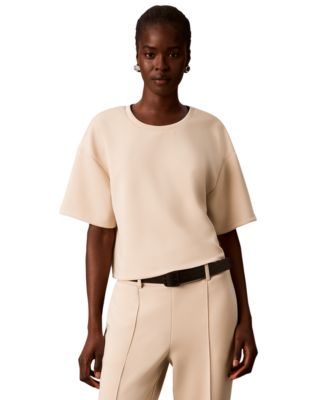 Женский короткий свитер Calvin Klein с коротким рукавом и круглым вырезом из мягкой ткани скауба