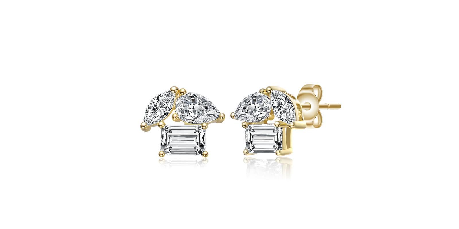 Rachel Glauber Dainty 14K Gold Plated Brilliant Three-CZ Stud Earrings