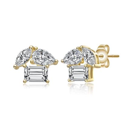 Rachel Glauber Dainty 14K Gold Plated Brilliant Three-CZ Stud Earrings