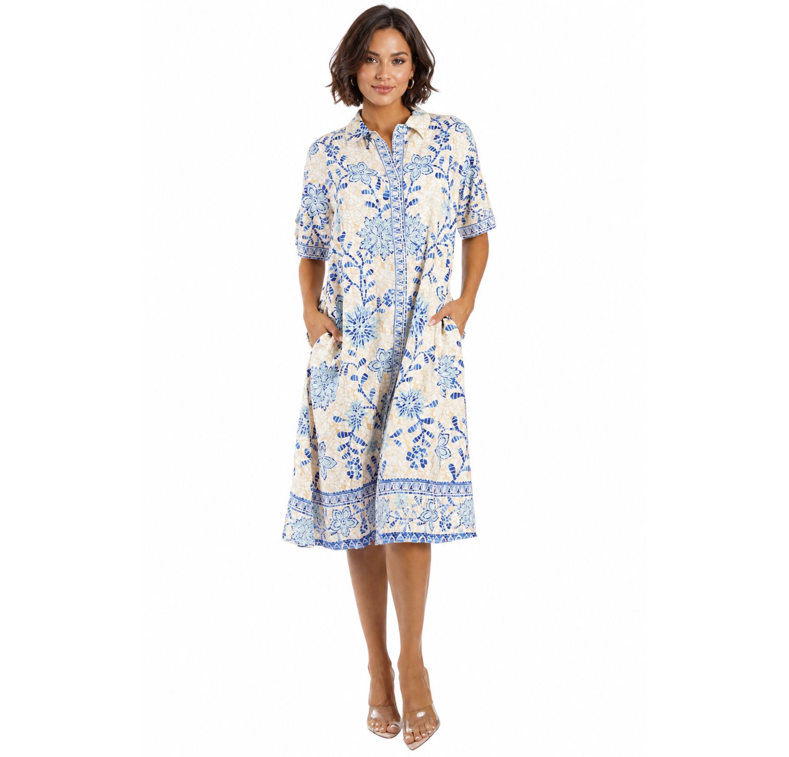 Женское платье-рубашка LA MODA CLOTHING Blue Floral Short Sleeve Midi