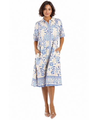 LA MODA CLOTHING Women's Club Moda Blue Floral Button-Front Shirt Dress - Short Sleeve Midi Resort Wear Summer Vacation Dress