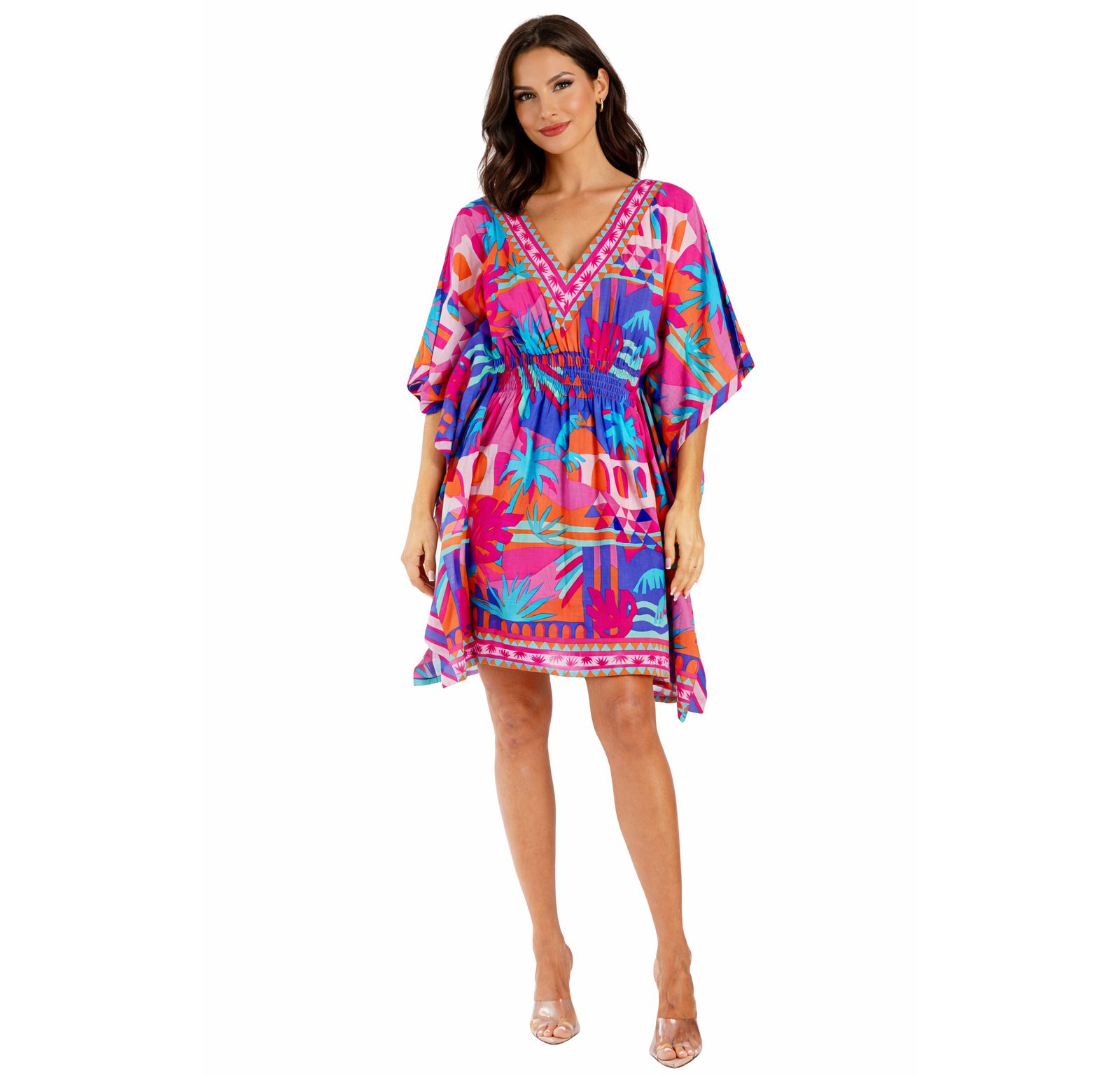 LA MODA CLOTHING Women's Club Moda Blue Floral V-Neck Mini Dress - Smocked Waist Resort Wear Summer Vacation Dress