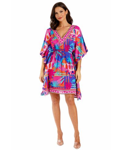 LA MODA CLOTHING Women's Club Moda Blue Floral V-Neck Mini Dress - Smocked Waist Resort Wear Summer Vacation Dress