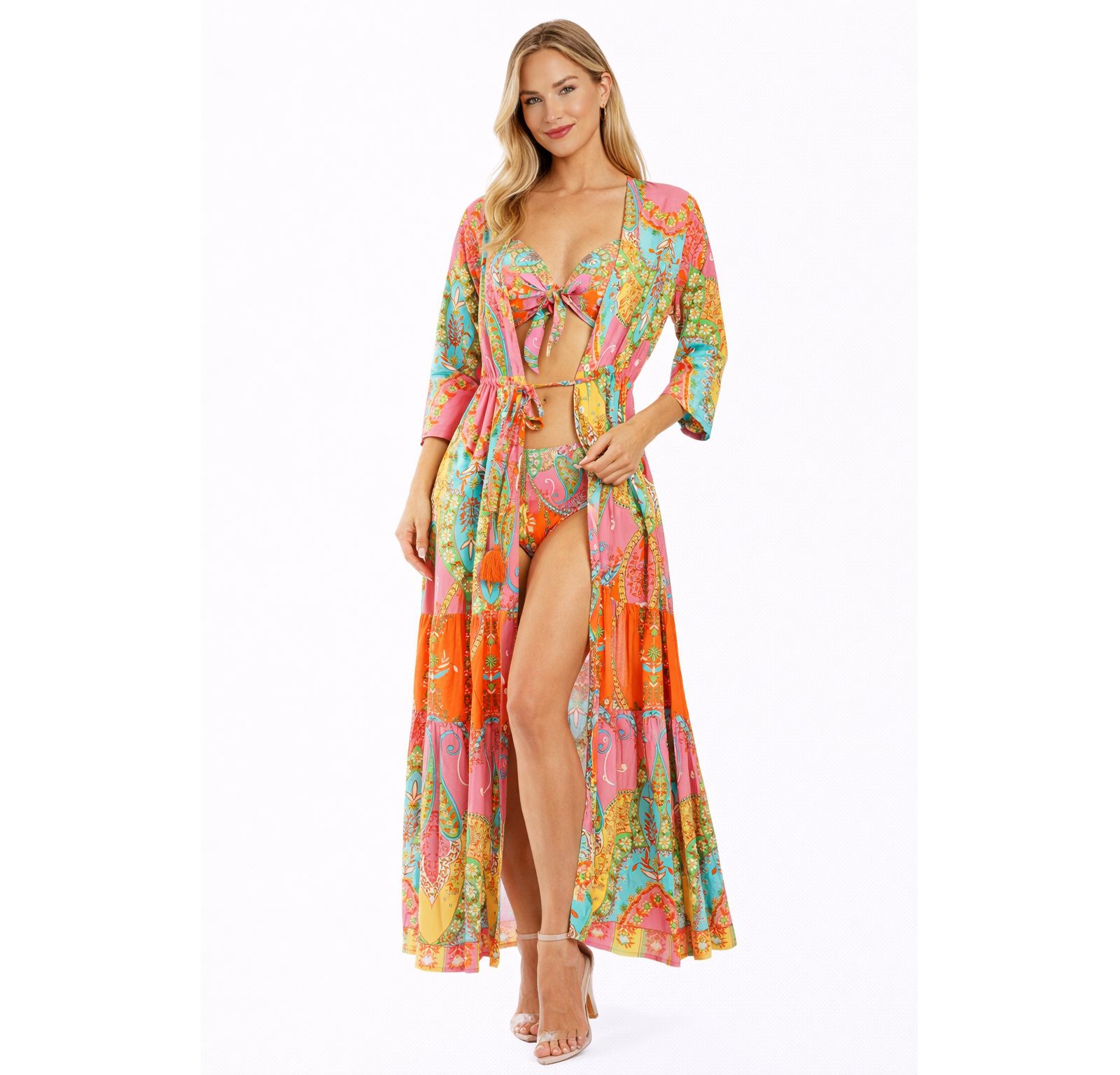LA MODA CLOTHING Женское пляжное платье макси с тропическим узором пейсли, на пуговицах с V-образным вырезом и завязками на талии