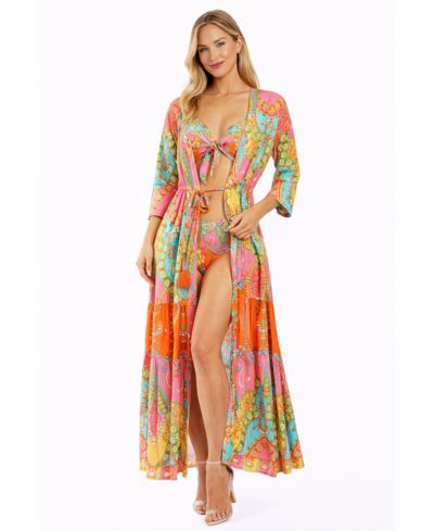 LA MODA CLOTHING Women's Club Moda Tropical Paisley Maxi Resort Dress - Button Front V-Neck Vacation Dress with Waist Tie