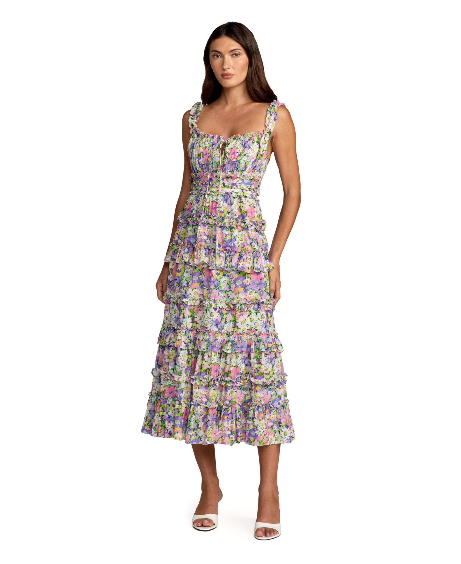 Женское платье Mac Duggal Multicolor Floral Ruffle A-Line Cotton Midi