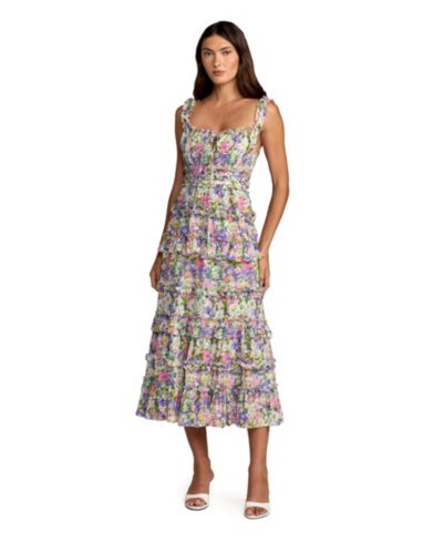 Женское платье Mac Duggal Multicolor Floral Ruffle A-Line Cotton Midi