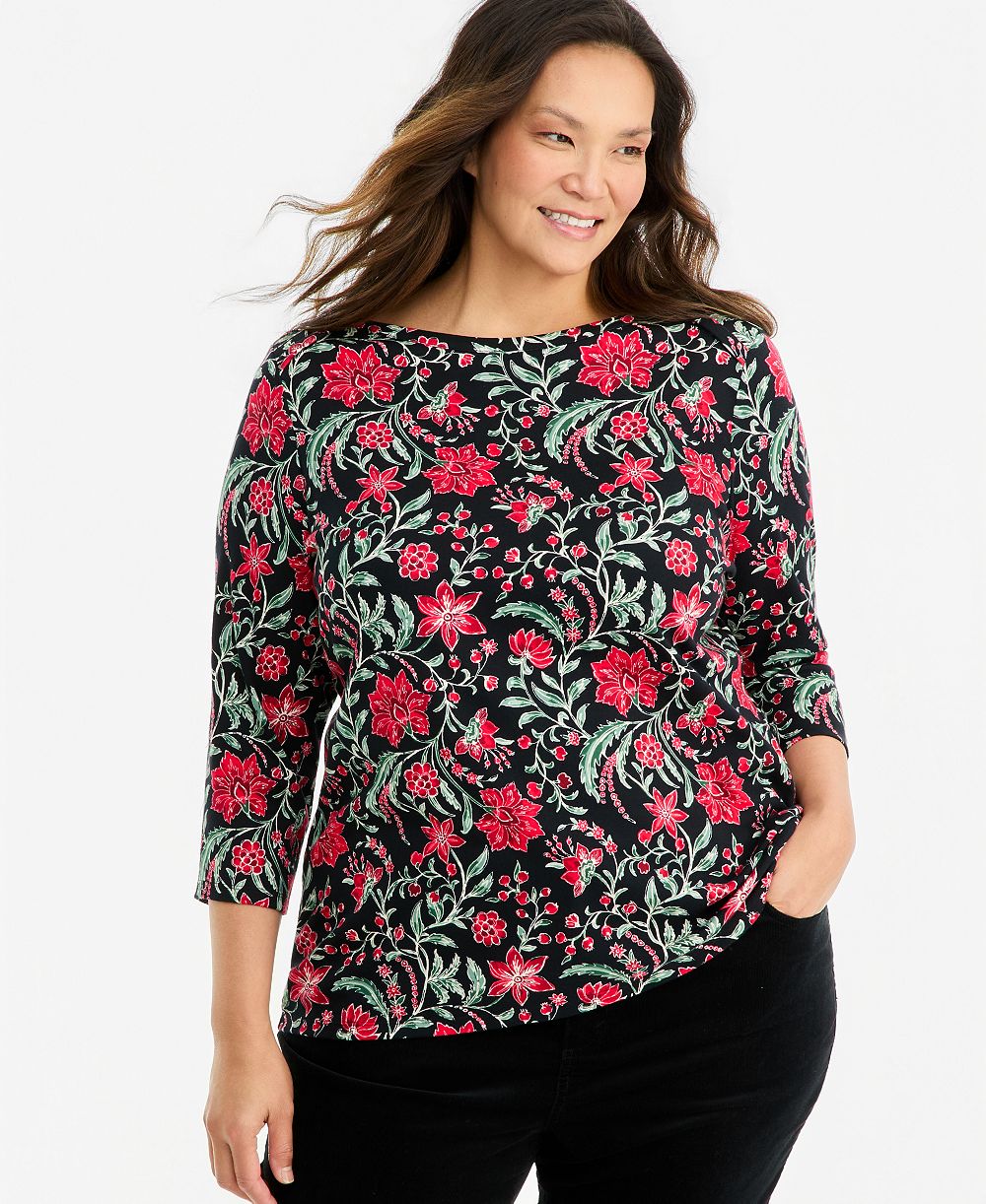 Style & Co Plus Size Printed 3/4 Sleeve Boat-Neck Top, Macy's Exclusive