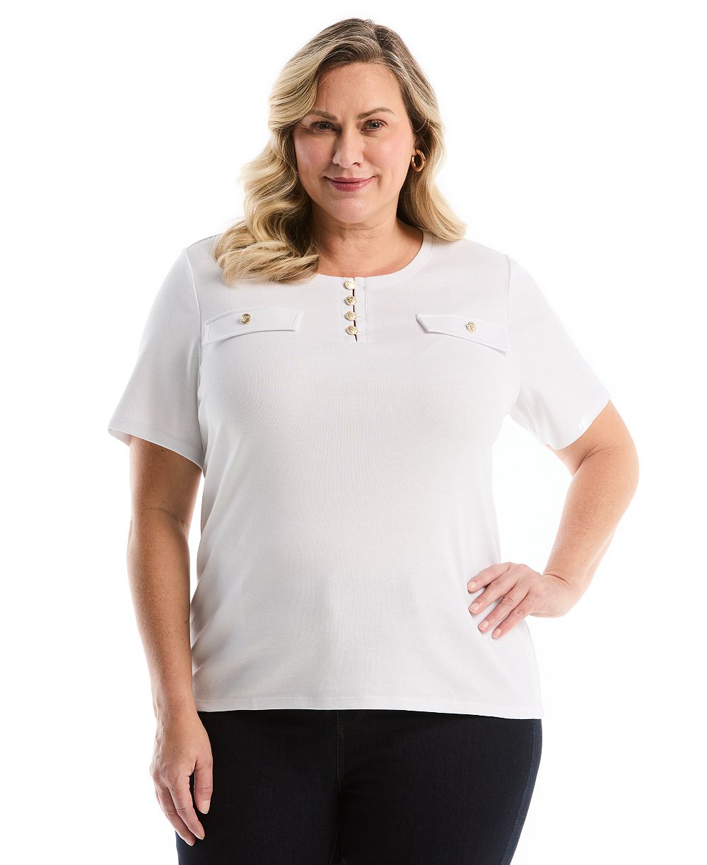 Rafaella Plus Size Welt Pocket Button Detail Short-Sleeve Top