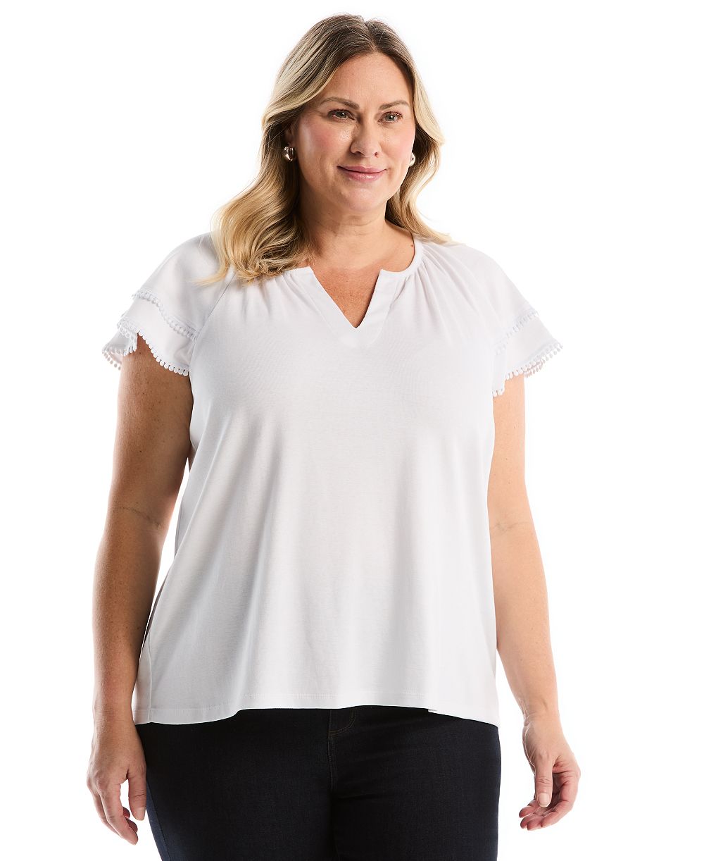 Rafaella Plus Size Eyelet Flutter-Sleeve Split Neck Short-Sleeve Top