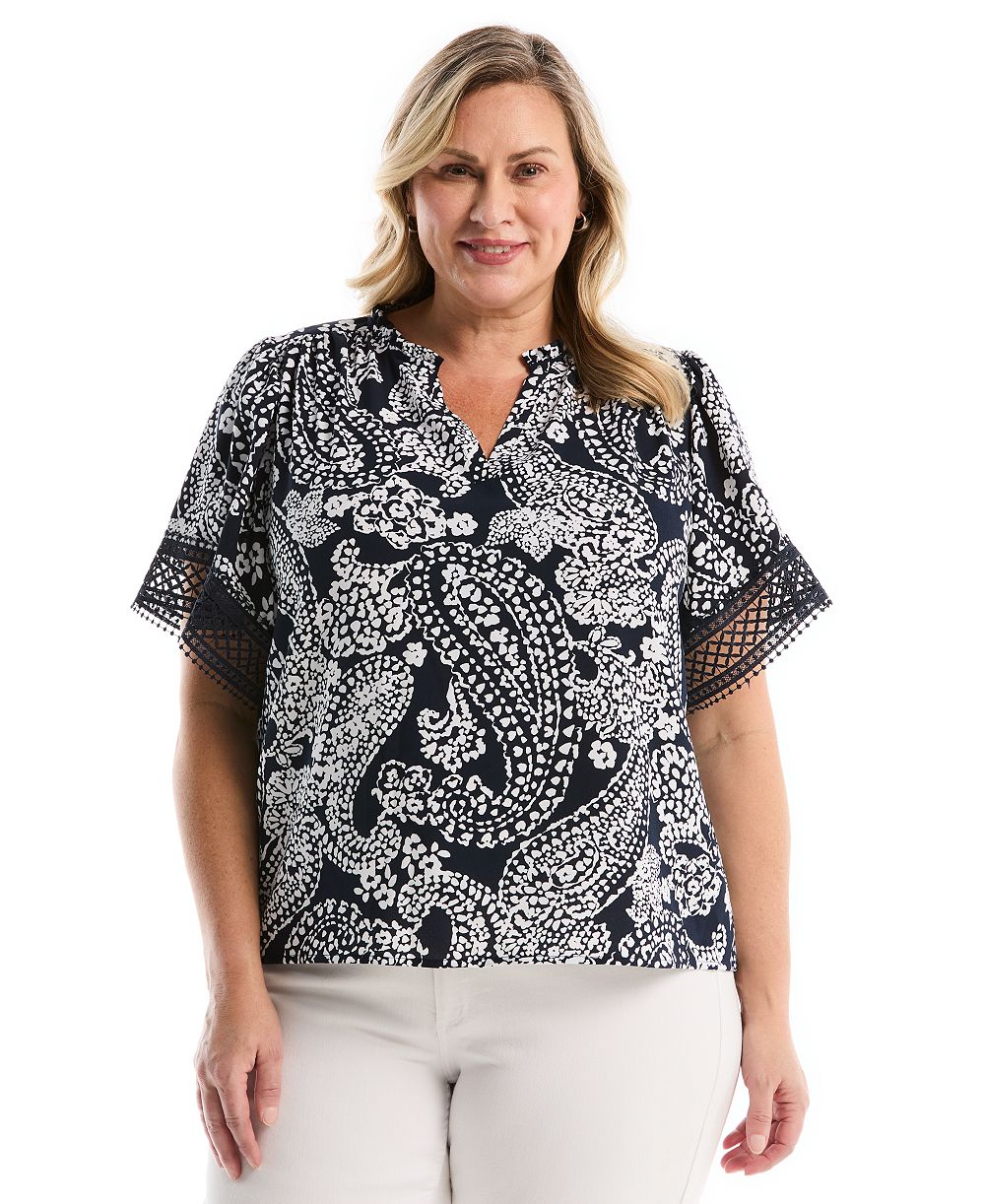 Rafaella Plus Size Paisley Print Flutter Lace Short-Sleeve Blouse