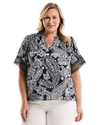Женская блузка Rafaella Plus Size Paisley Print Flutter Lace с коротким рукавом