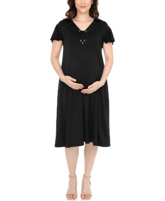 White Mark Women's Flutter-Sleeve Tie-Neck Maternity Dress