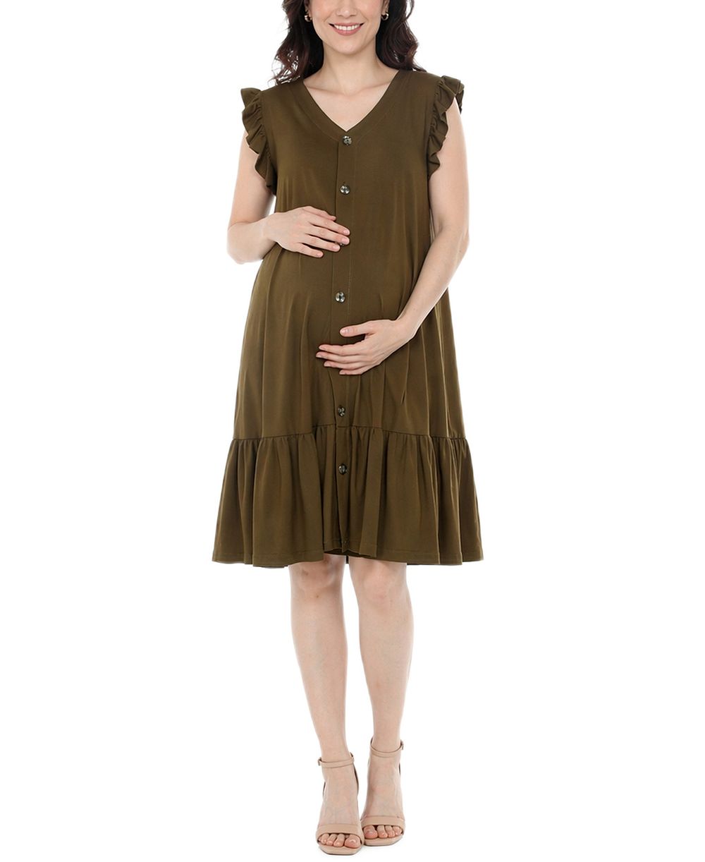 White Mark Women's Flutter-Sleeve Button-Front Tiered Maternity Dress