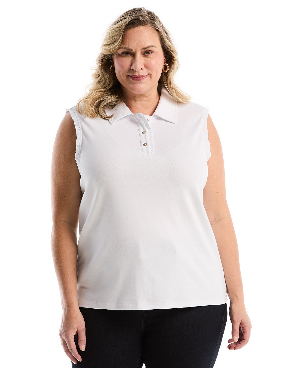 Rafaella Plus Size Ruffle Trim Sleeveless Polo Shirt