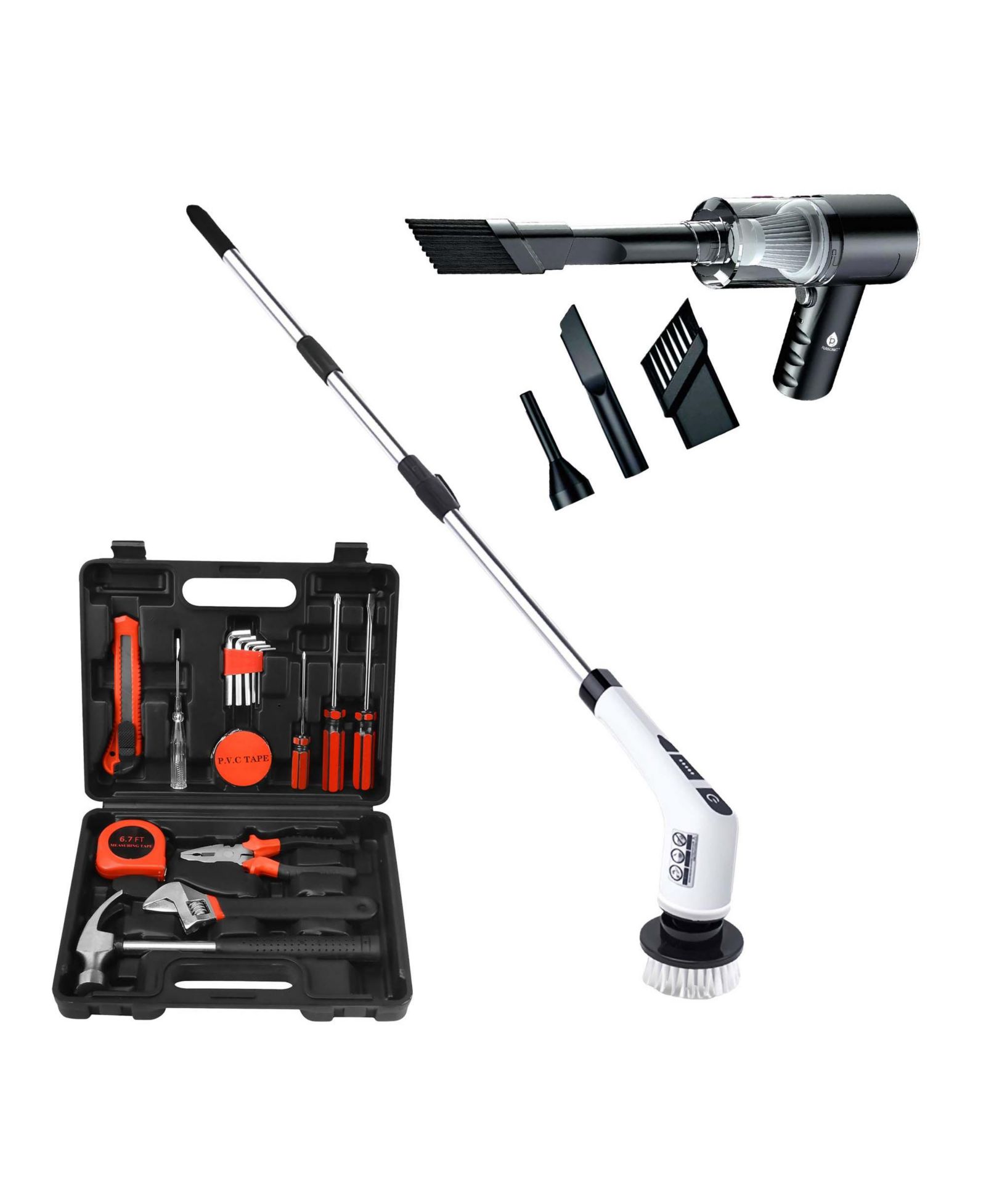PURSONIC Handy Solutions 16-Piece Tool Kit + Cordless Power Scrubber + 2-in-1 Mini Wireless Vacuum & Air Duster Bundle