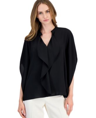 Anne Klein блузка с v-образным вырезом, короткими рукавами-крылышками и кокеткой, для миниатюрных фигур